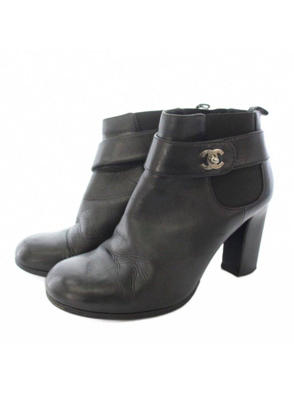 Chanel Side Gore Boots Short CC Logo Leather Black
